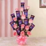 Pink Roses and Dairy milk Chocolate Bouquet 1