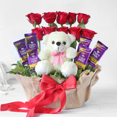 Charming Teddy With Roses and Dairy Milk